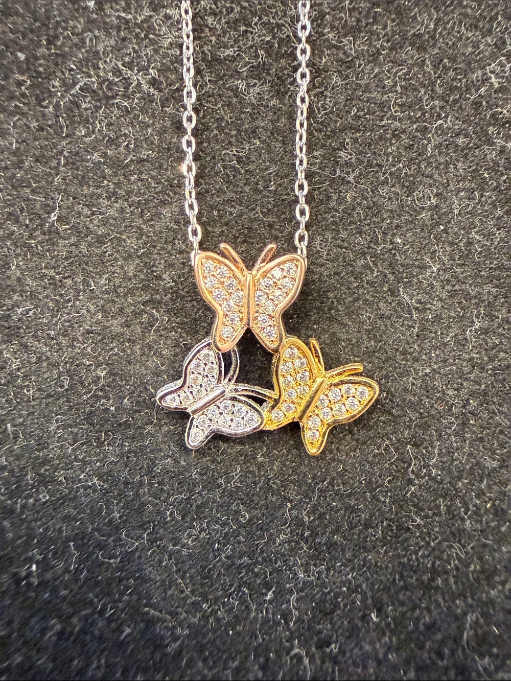 Tri-Tone Butterfly Pavé Necklace - Rose, Silver & Gold